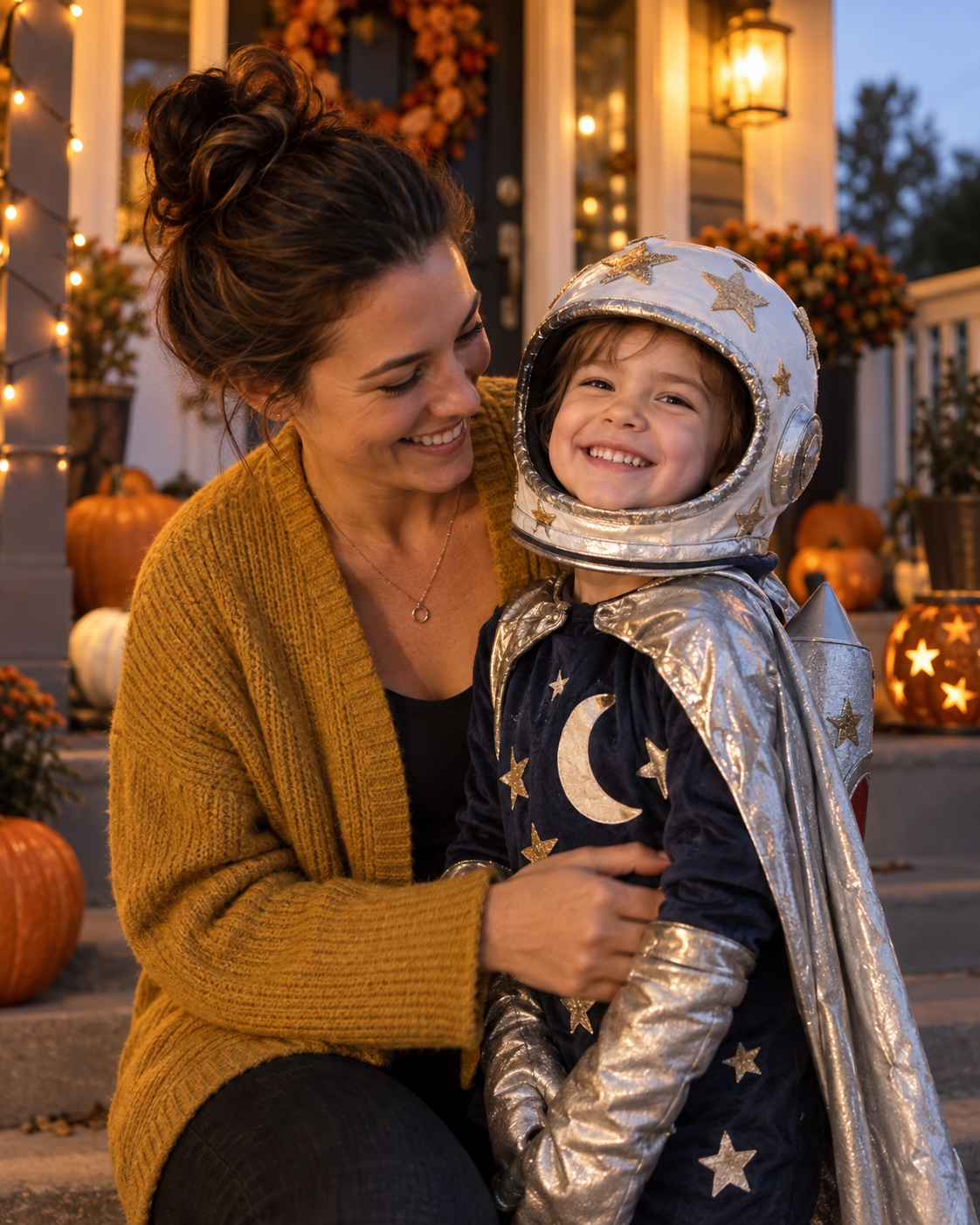Parent and child in a handmade astronaut costume on a Halloween porch