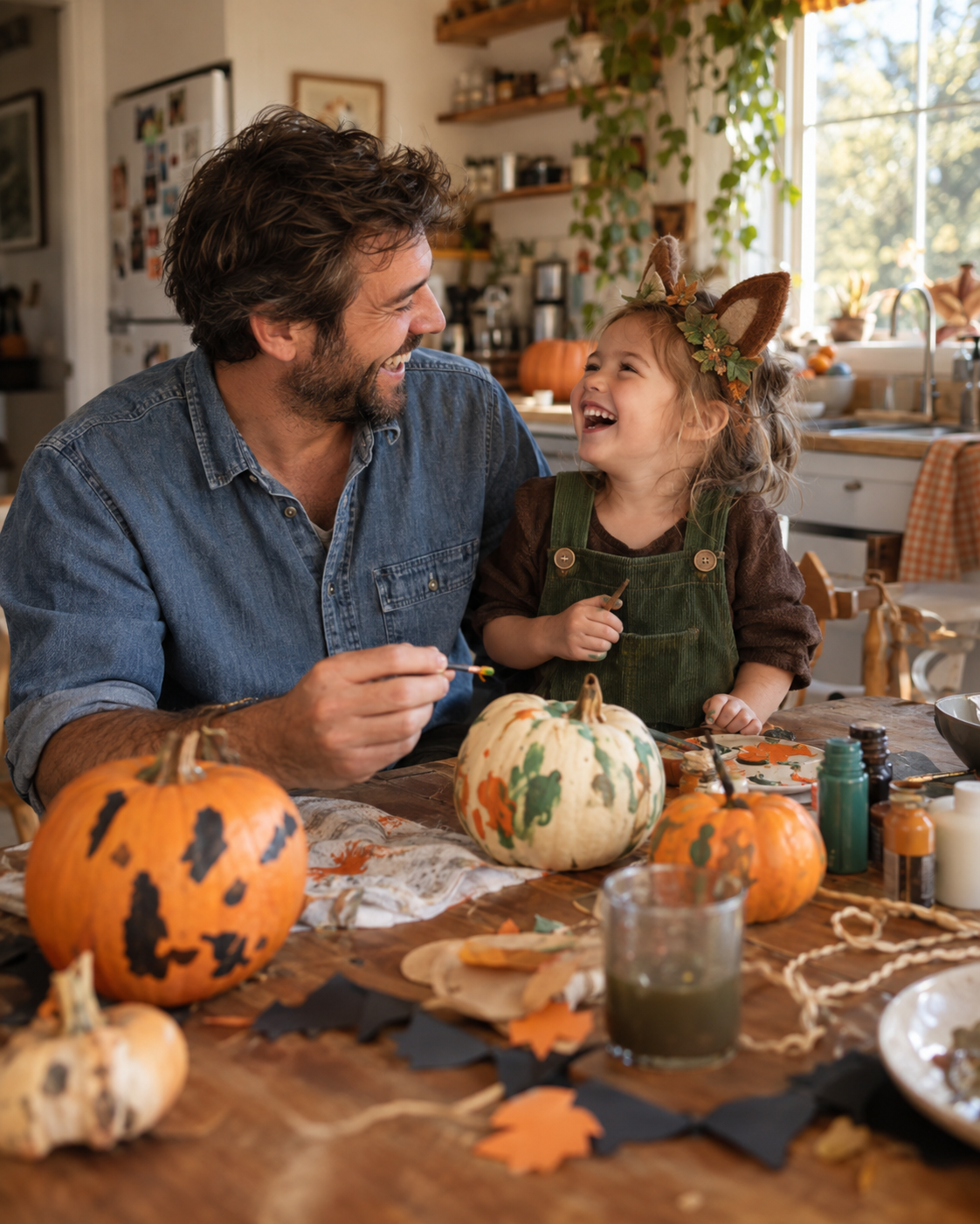 Parent and child painting pumpkins together in a forest costume