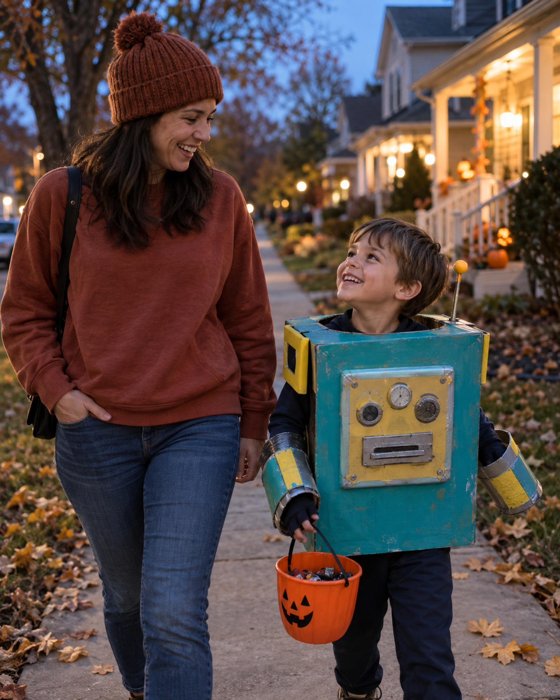 Parent and child walking home in a handmade robot costume